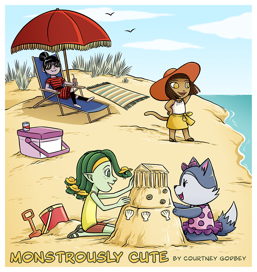 Ophilia and Didi build a sand castle while Carlotta rests in the shade of her beach umbrella and Tia gazes out at the ocean.