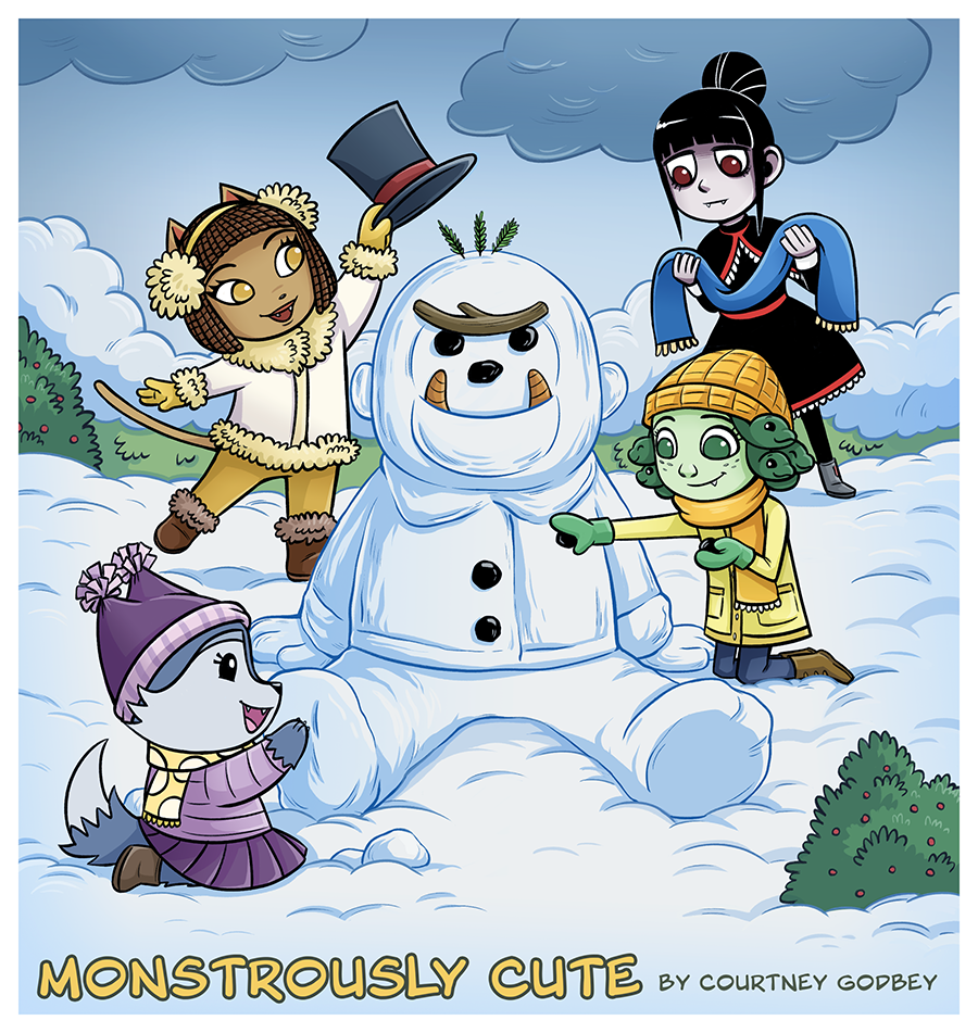 The girls are building an abominable snowman snowman.  Carlotta is holding a scarf.  Tia is putting a top hat on the snowman's head.  Ophilia is adding buttons while Didi puts the finishing touches on the snowman's feet.