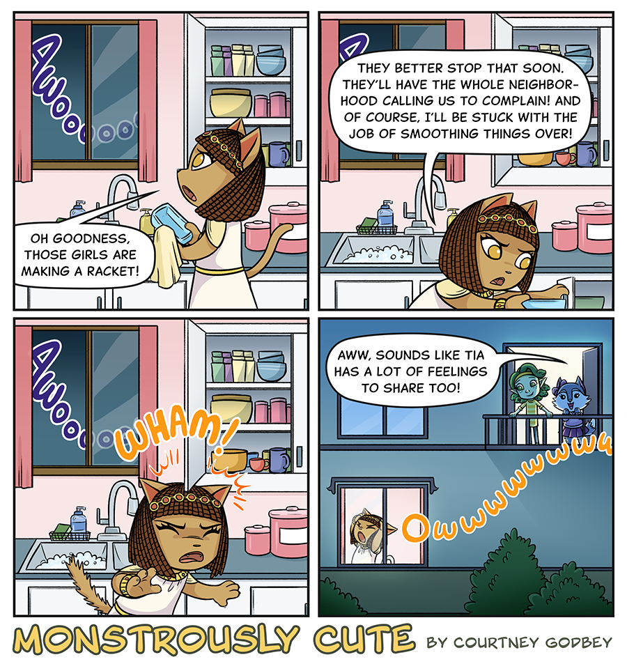 Awoooooo

Oh goodness.  Those girls are making a racket!

Awoooooo

They better stop that soon.  They'll have the whole neighborhood calling us to complain!  And of course, I'll be stuck with the job of smoothing things over!

Awoooooo

WHAM!

Owwwwwwww

Aww, sounds like Tia has a lot of feelings to share too!