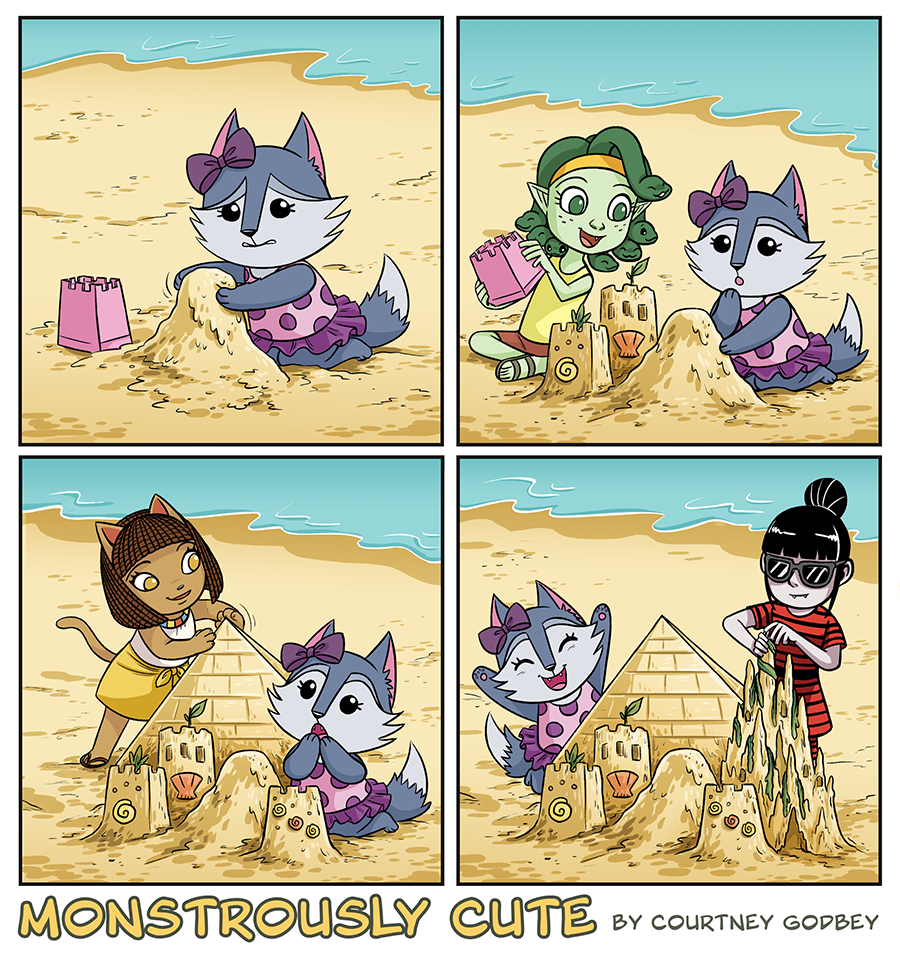 Did is having trouble making a sandcastle, so her friends help her out, each one adding something new.