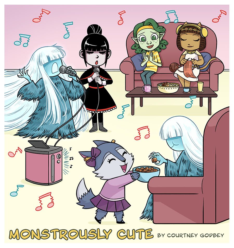 The girls' banshee neighbors are visiting for some karaoke.  Carlotta is singing with one of them while Didi is offering caramels to another.  Ophilia claps along nervously, while Tia just sits by and knits with earmuffs on. 