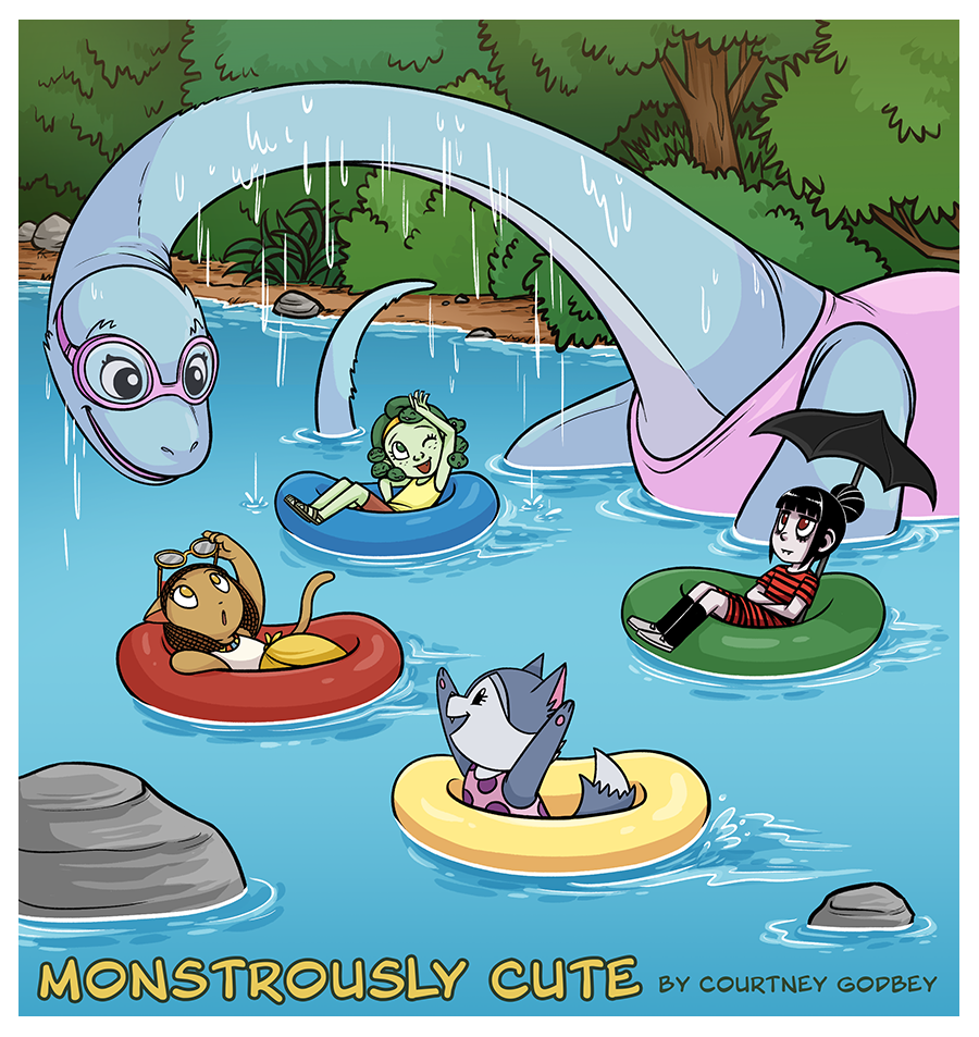 The girls are tubing on the river when a large plesiosaurus pops up to say hi.
