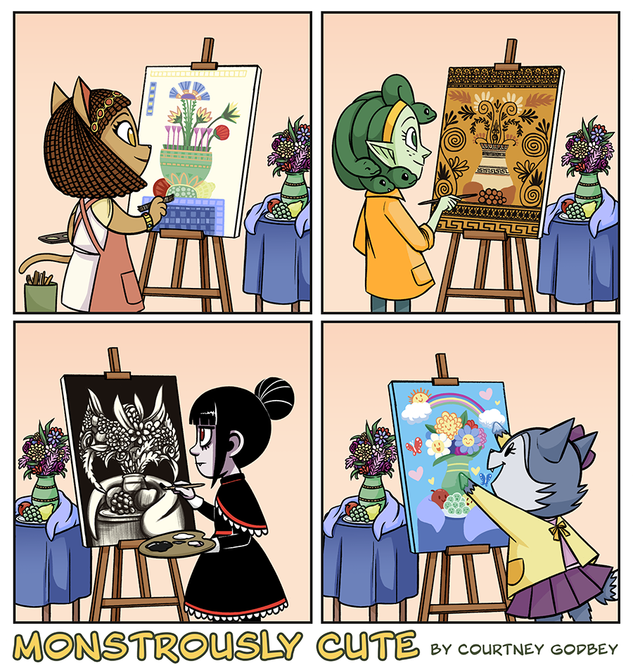 The girls are painting picture of the same still life flowers and fruit.  Tia paints them in an Egyptian style.  Ophilia paints them in a Greek style.  Carlotta paints a black and white picture of them in the shape of a bat.  And Didi paints them with smiling faces surrounded by a rainbow and butterflies.