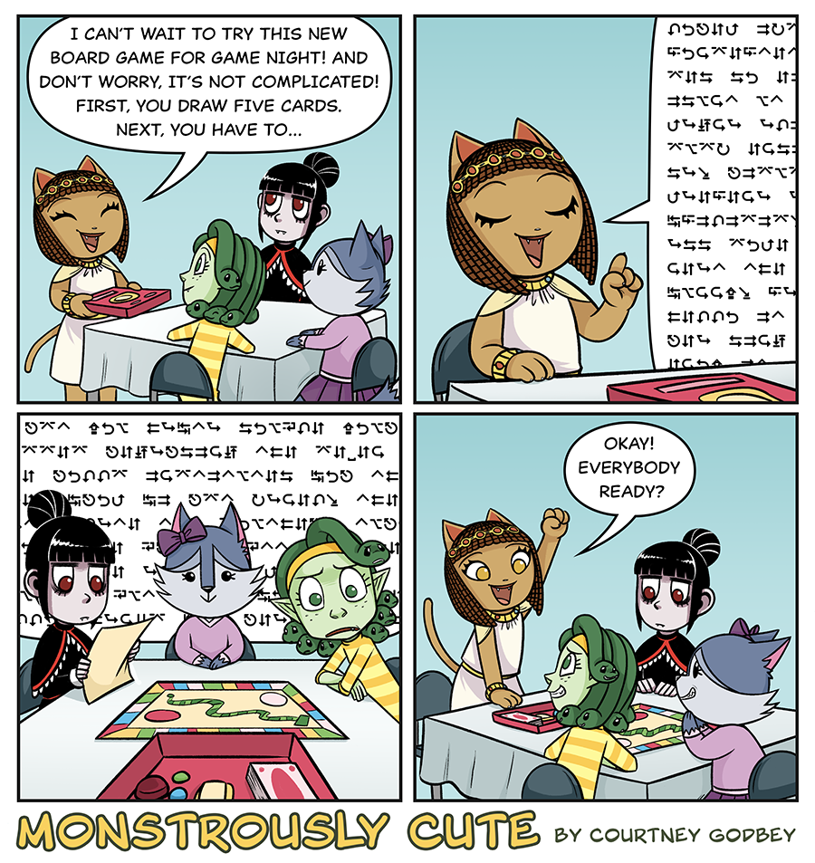 I can't wait to try this new board game for game night!  And don't worry, it's not complicated!  First you draw five cards.  Next, you have to...

It looks like Tia is just talking in symbols, and the other girls just stare back in disbelief.

Okay!  Everybody ready?
