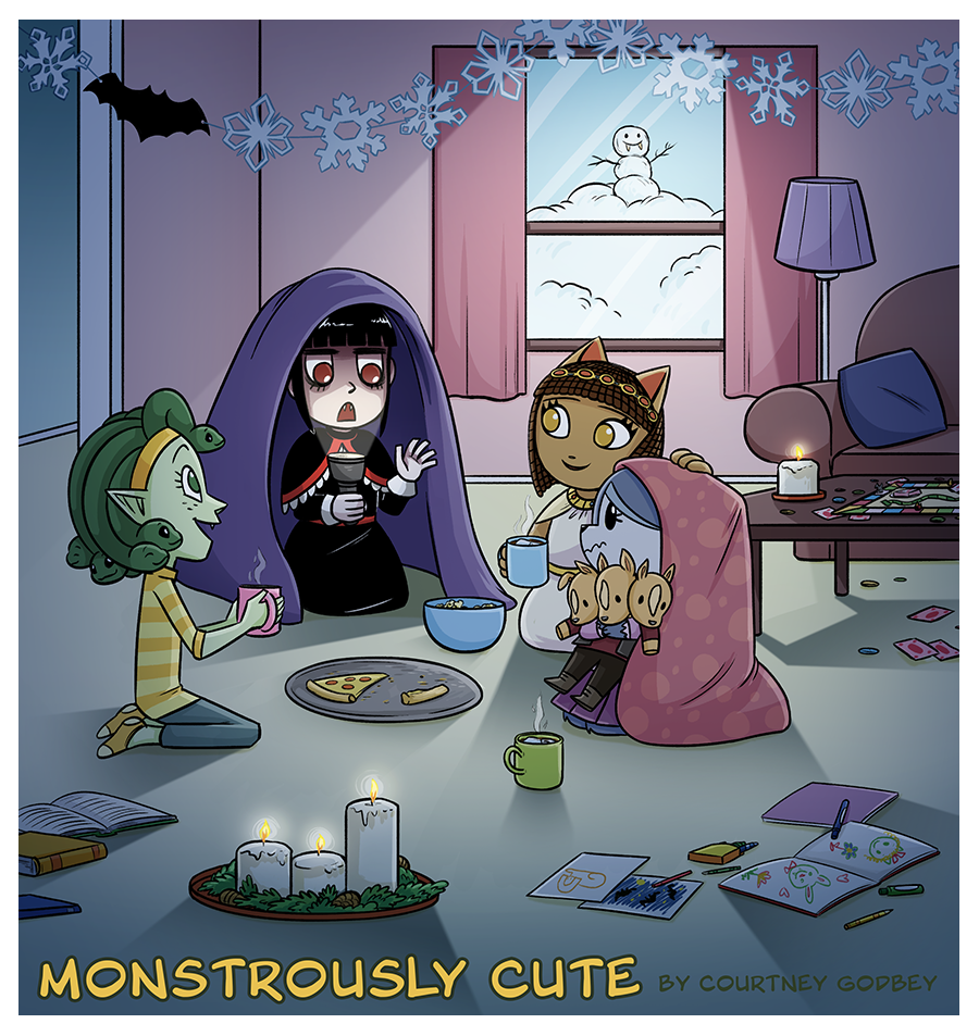 The girls are telling stories while eating pizza and drinking hot beverages as they are snowed in during a power outage.  They appear to have done various activities throughout the day: reading, drawing, playing a board game, and making paper snowflakes--and a paper bat.