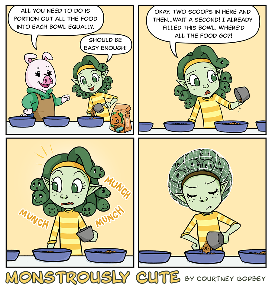 All you need to do is portion out all the food into each bowl equally.

Should be easy enough!

Okay, two scoops in here and then...wait a second!  I already filled this bowl.  Where'd all the food go?

Munch Munch Munch

Ophilia wears a hair net.