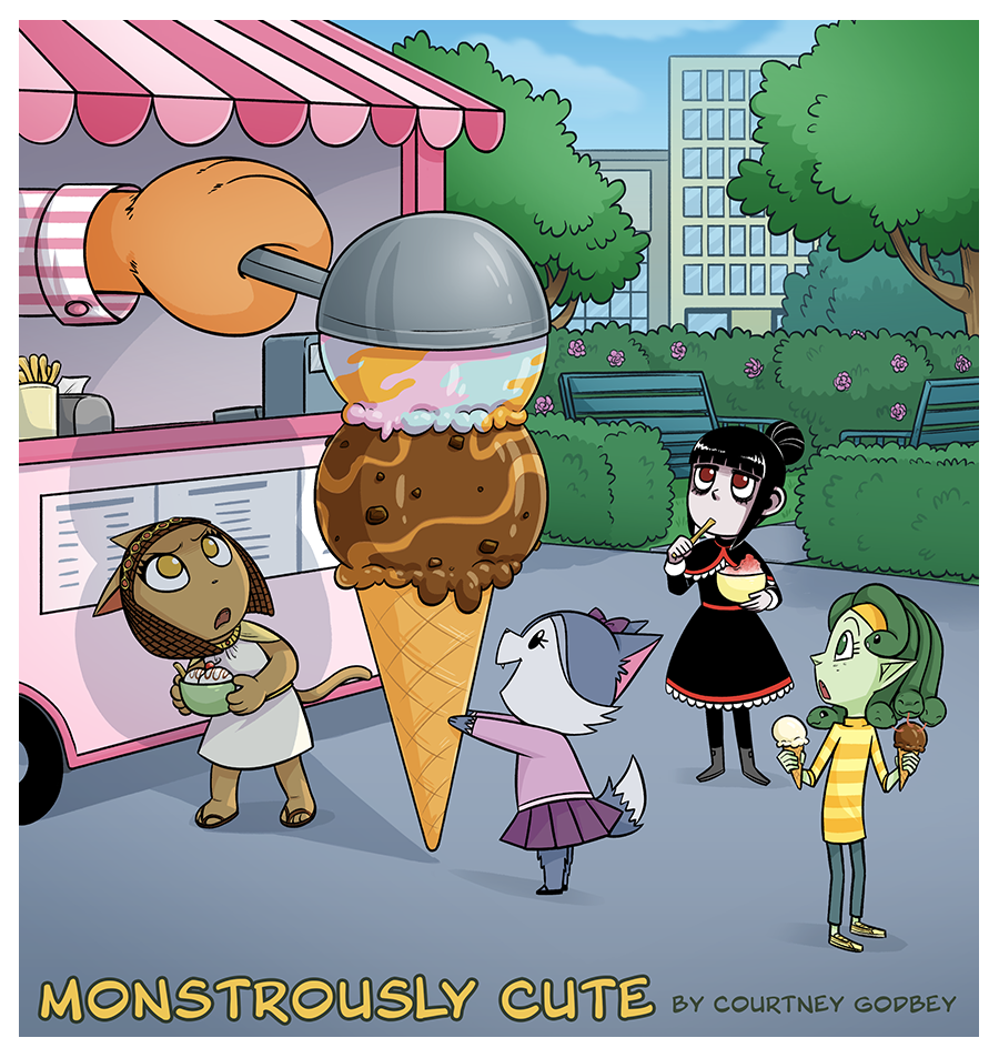 The girls order ice cream from a giant ice cream truck.  Didi gets a giant cone with two giant scoops of ice cream.