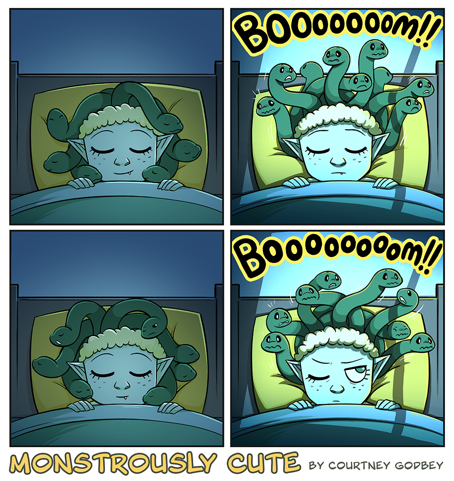 Ophilia is fast asleep when there's a sudden blast of thunder.

BOOOOOOOM!!

Her hair snakes get scared for a moment and settle down again.

BOOOOOOOOM!!

The snakes get scared again, and Ophilia wakes up a bit and scowls.